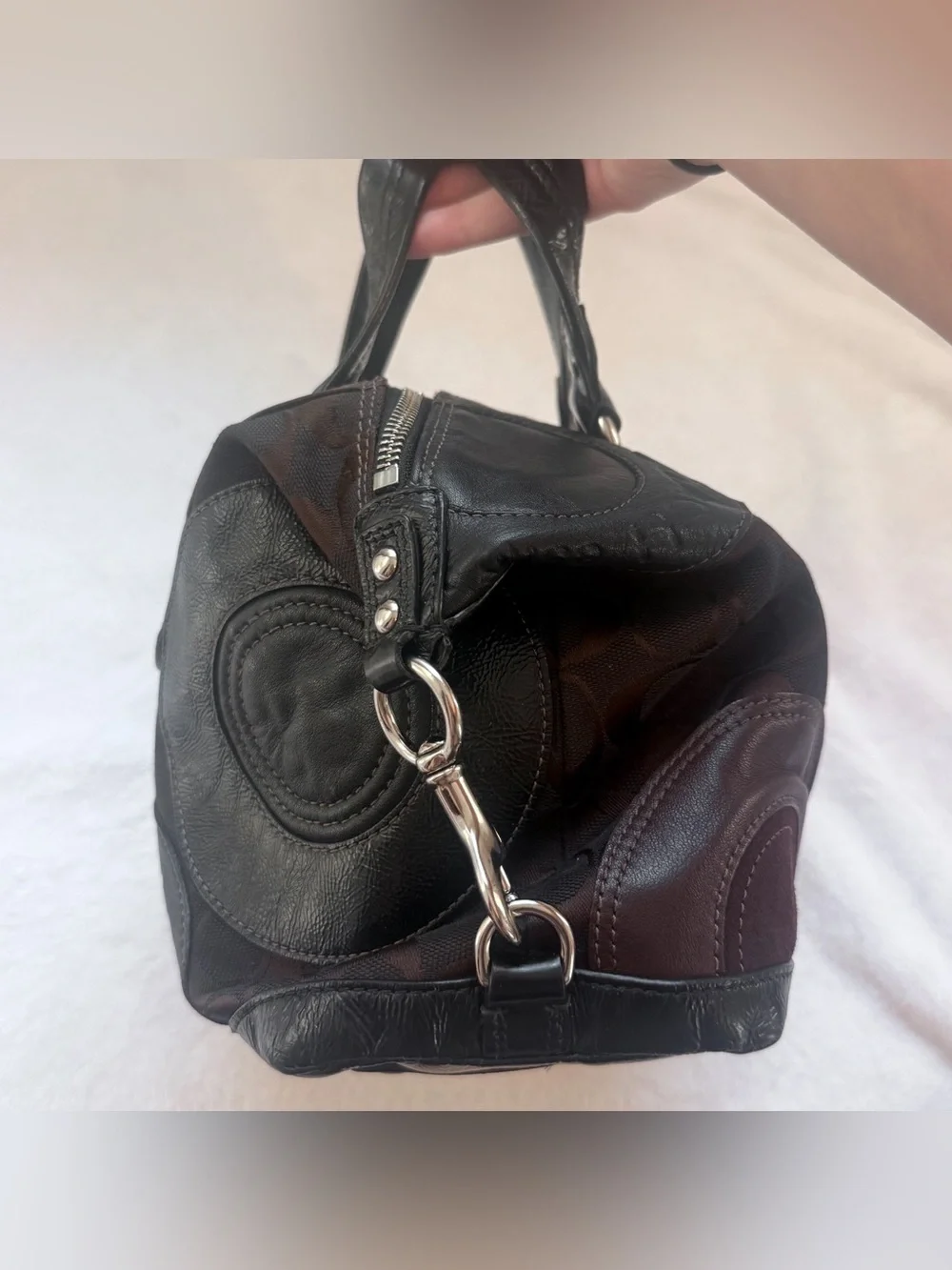 Coach 2010 Chocolate Brown Patchwork Mini Suede Patent Leather Duffel Purse EUC